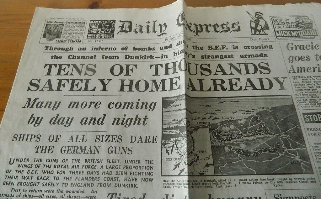 1940 DAILY EXPRESS NEWSPAPER WITH DUNKIRK EVACUATION HEADLINES + MAP